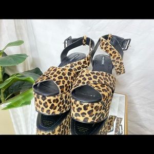 ALICE AND OLIVIA Violet Genuine Calf Hair Leopard Print Wedge Sandal,BRAND NEW